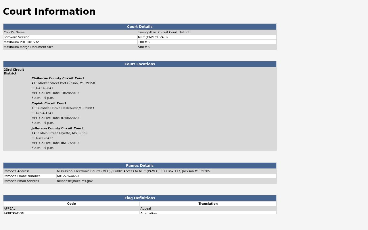 Mississippi electronic court information page listing Claiborne County Circuit Court details and warrant status labels