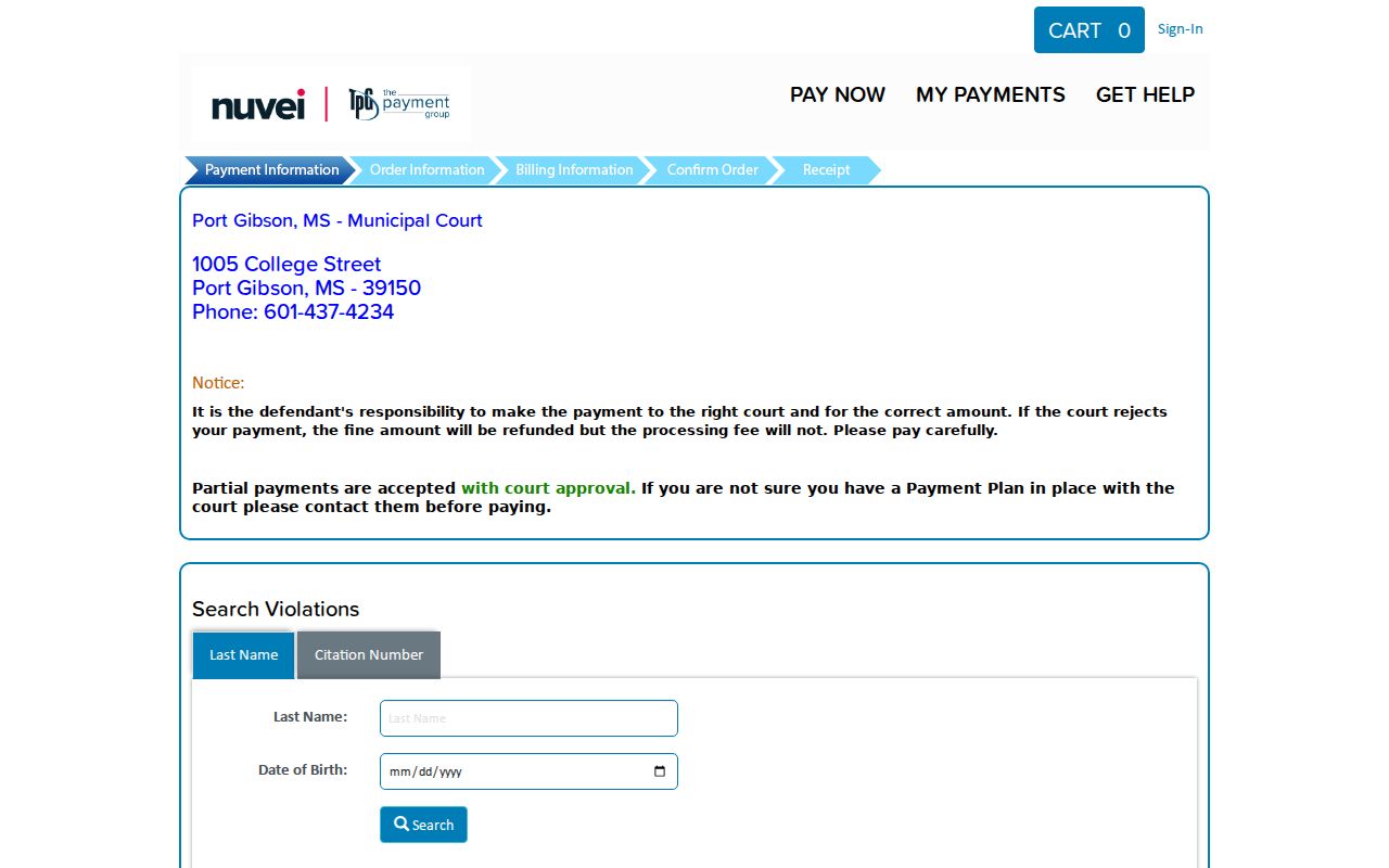 Port Gibson citation payment search form used to check a Claiborne County traffic warrant balance