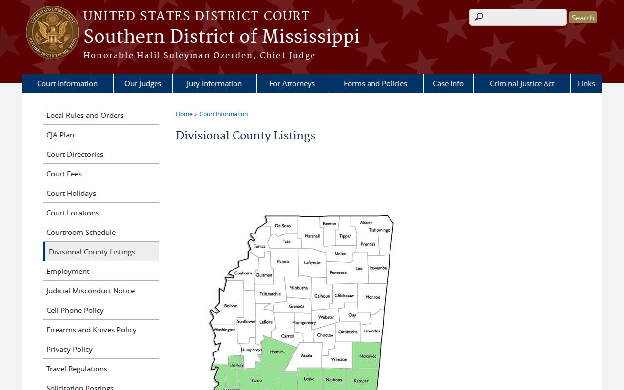 Federal district listing placing Claiborne County in the division covered by the Southern District fugitive program
