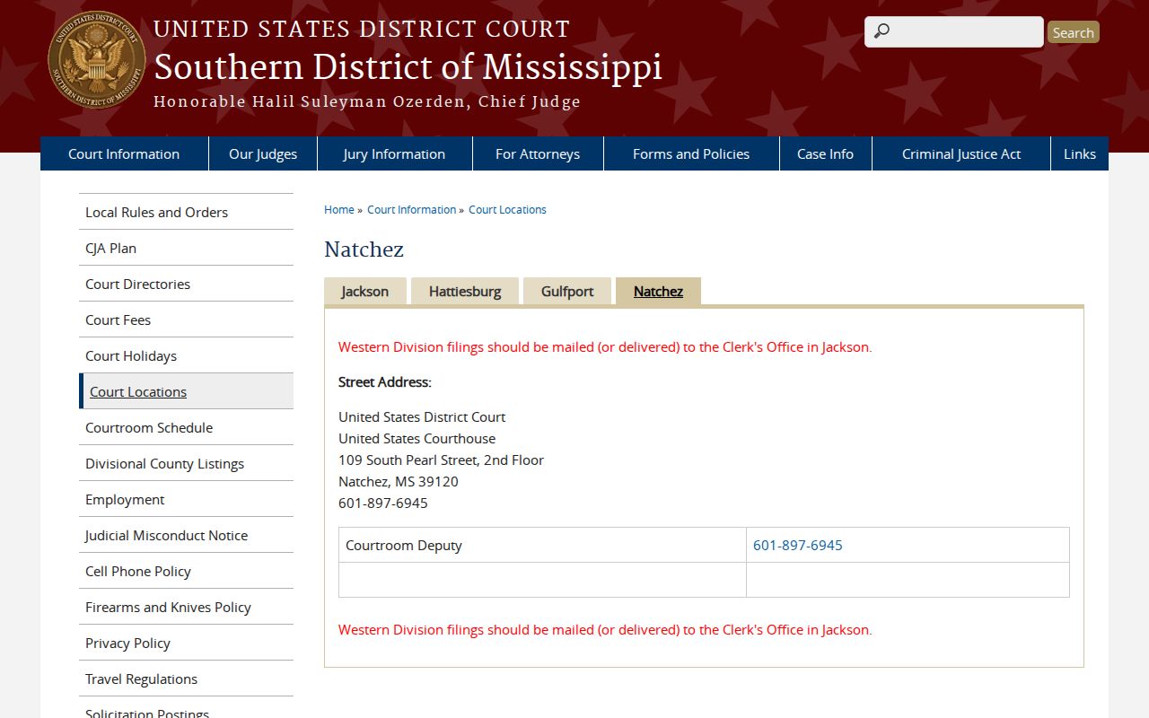 Natchez federal courthouse page for the division covering Claiborne County arrest warrant matters