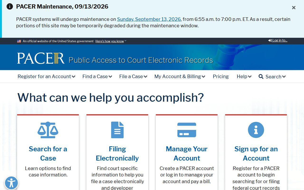 Federal court docket search landing page, which is not a Claiborne County warrant list